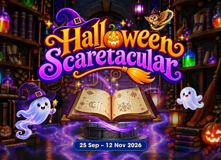 Glowing spellbook surrounded by ghosts, witches' hats and pumpkins in Halloween Scaretacular artwork