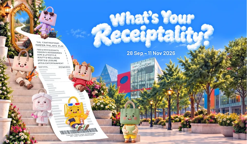 Cartoon receipt mascots from the What's Your Receiptality? campaign set against The Centrepoint's architecture