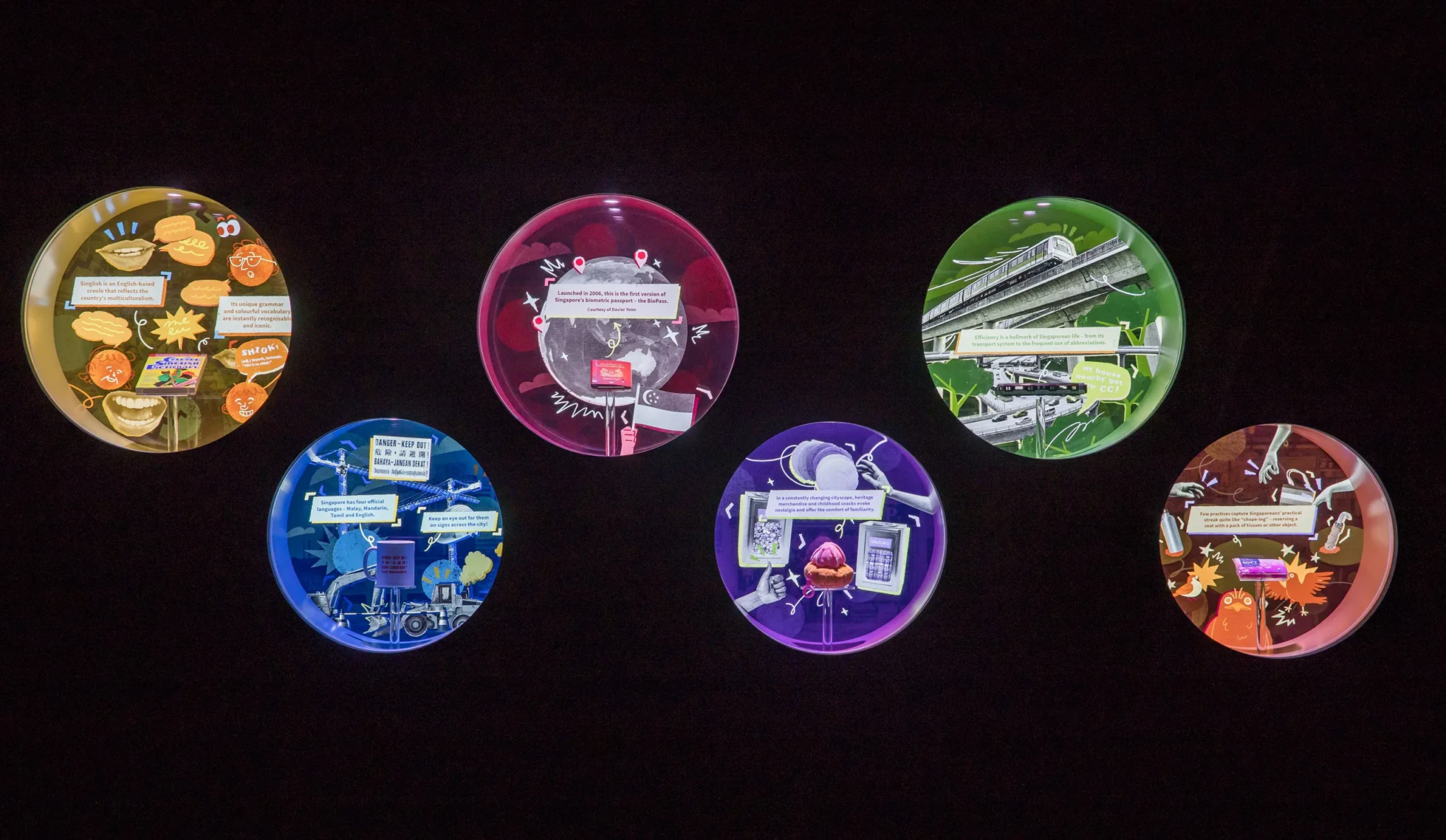 Six illuminated circular exhibition panels with coloured backgrounds and interactive displays on black wall