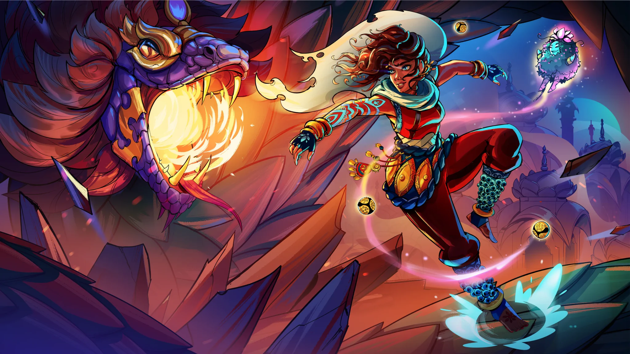 Key art for SURI: The Seventh Note showing a character in red and blue armour with a glowing staff facing a purple and gold dragon