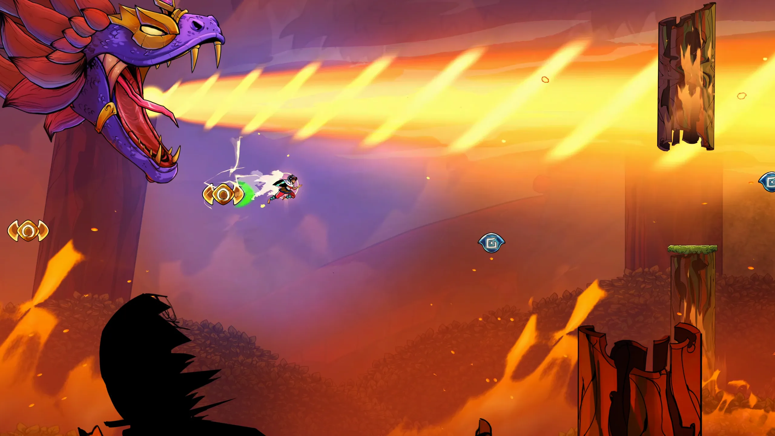 The player character flies through a fiery canyon in SURI: The Seventh Note