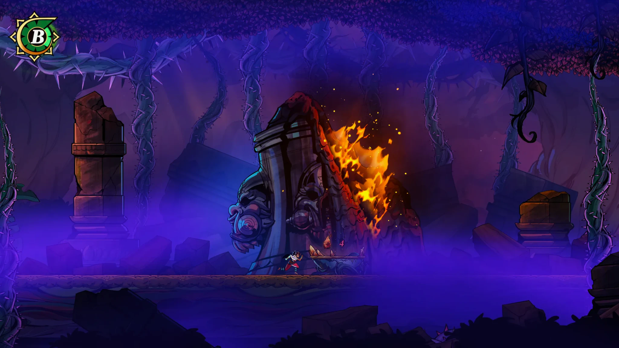 A small character crosses a purple-lit underground temple with ornate stone structures and a burning gateway in SURI: The Seventh Note