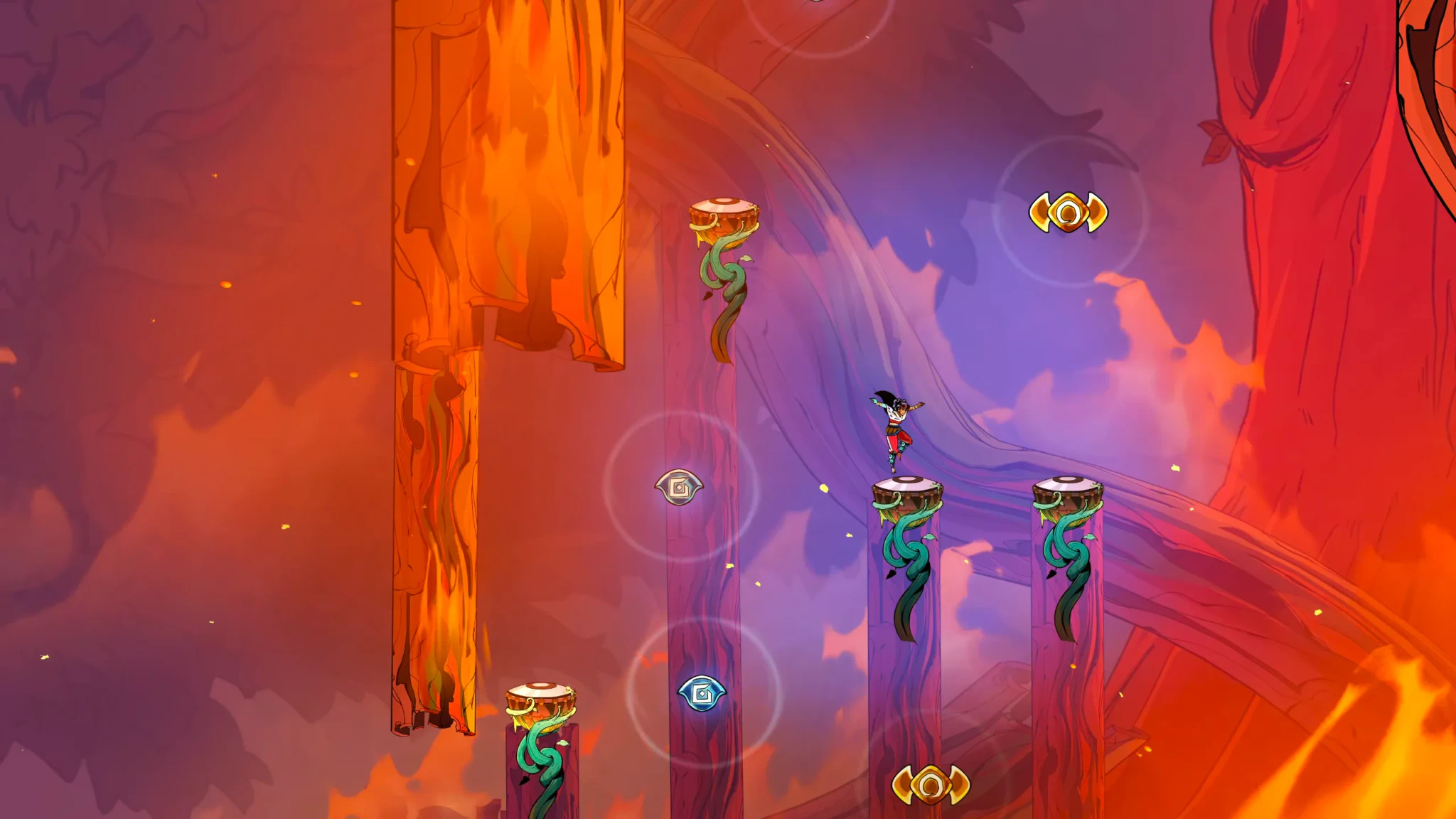Gameplay from SURI: The Seventh Note showing the player character on platforms decorated with musical instruments against an orange and purple landscape