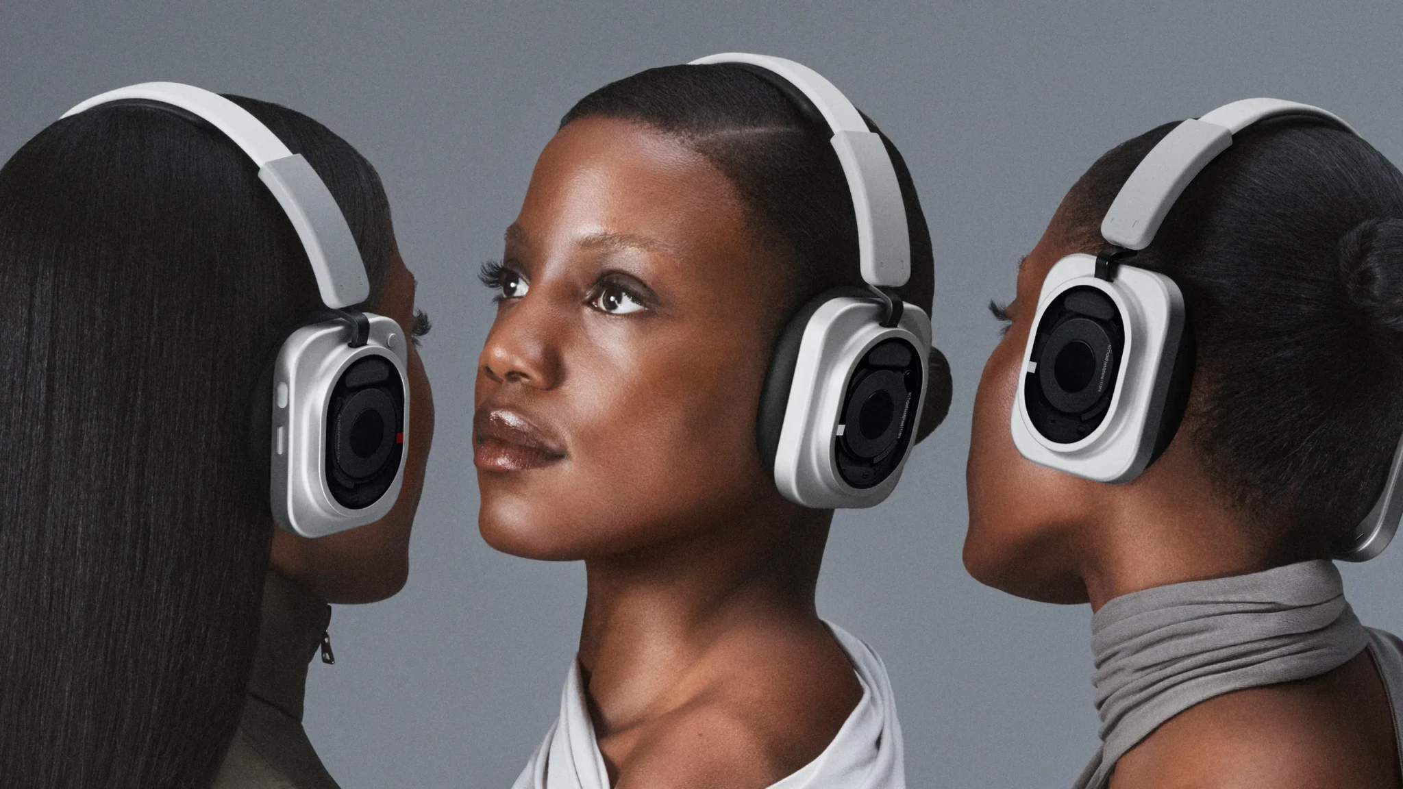 Three angles of white and black over-ear headphones with studio-level controls