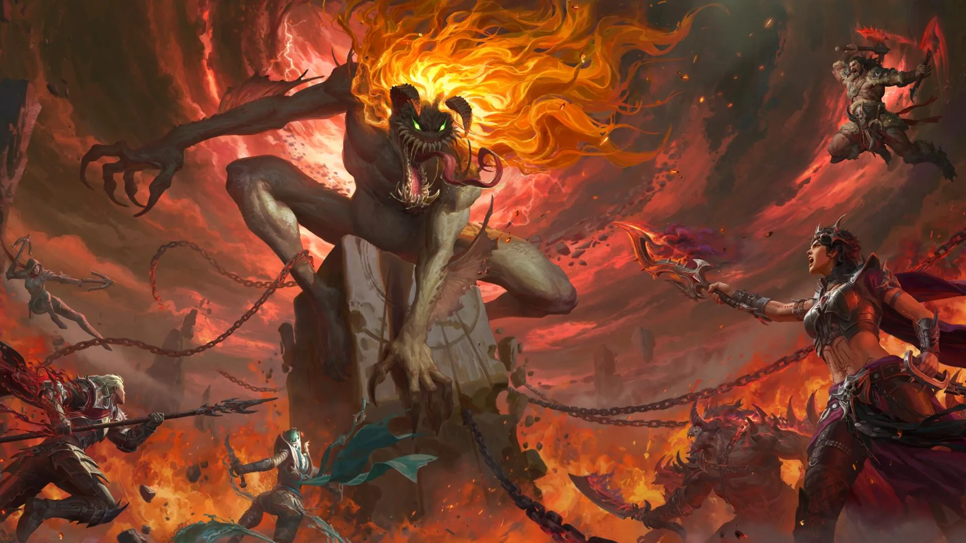 Malebolgia surrounded by Sanctuary's warriors amid flame and chains