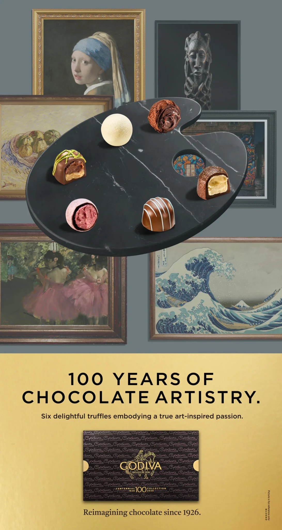 Six chocolate truffles on a black palette-shaped board, framed by classic paintings in the background