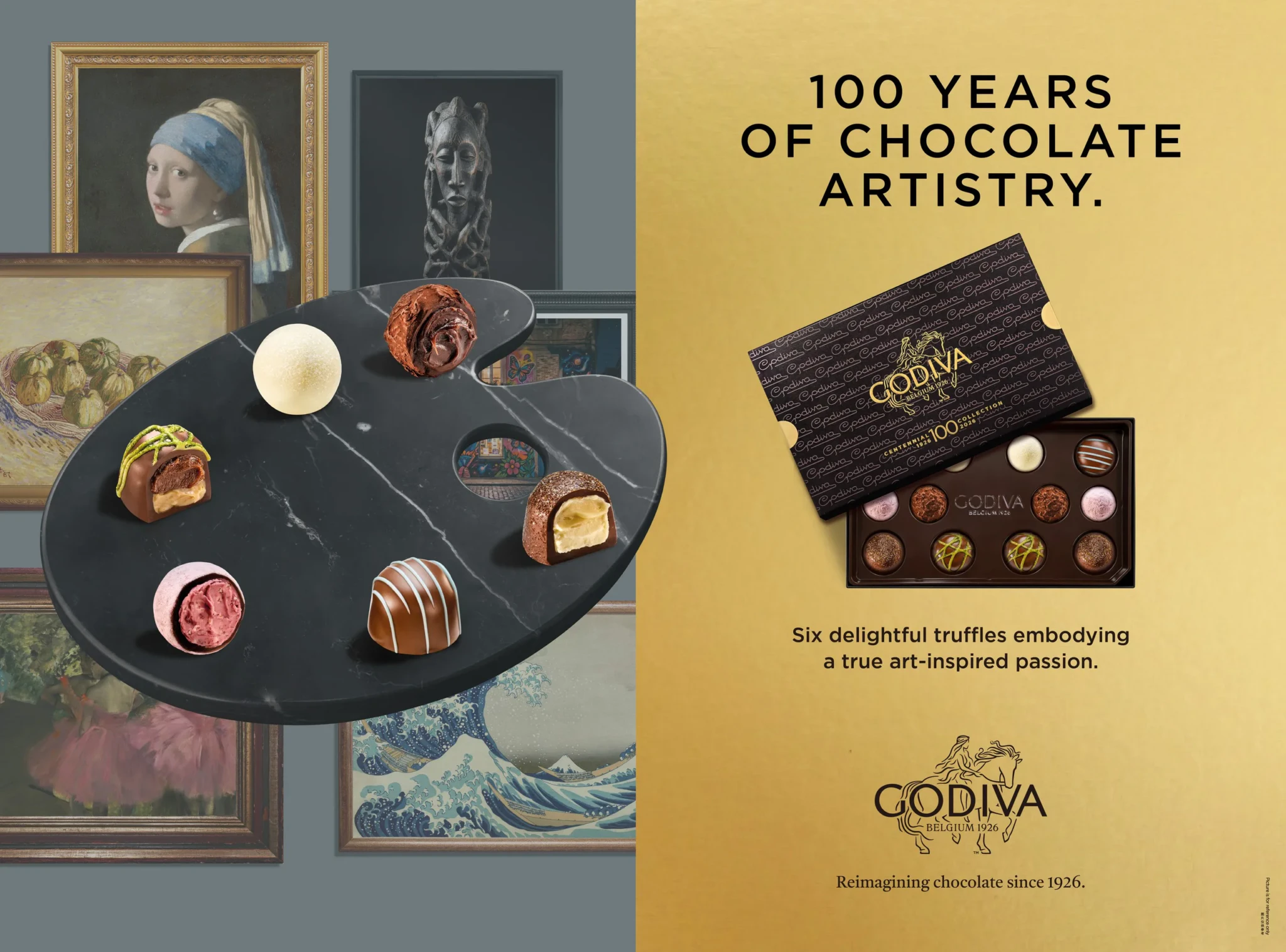 Six GODIVA Centennial truffles arranged on an artist's palette beside classical paintings