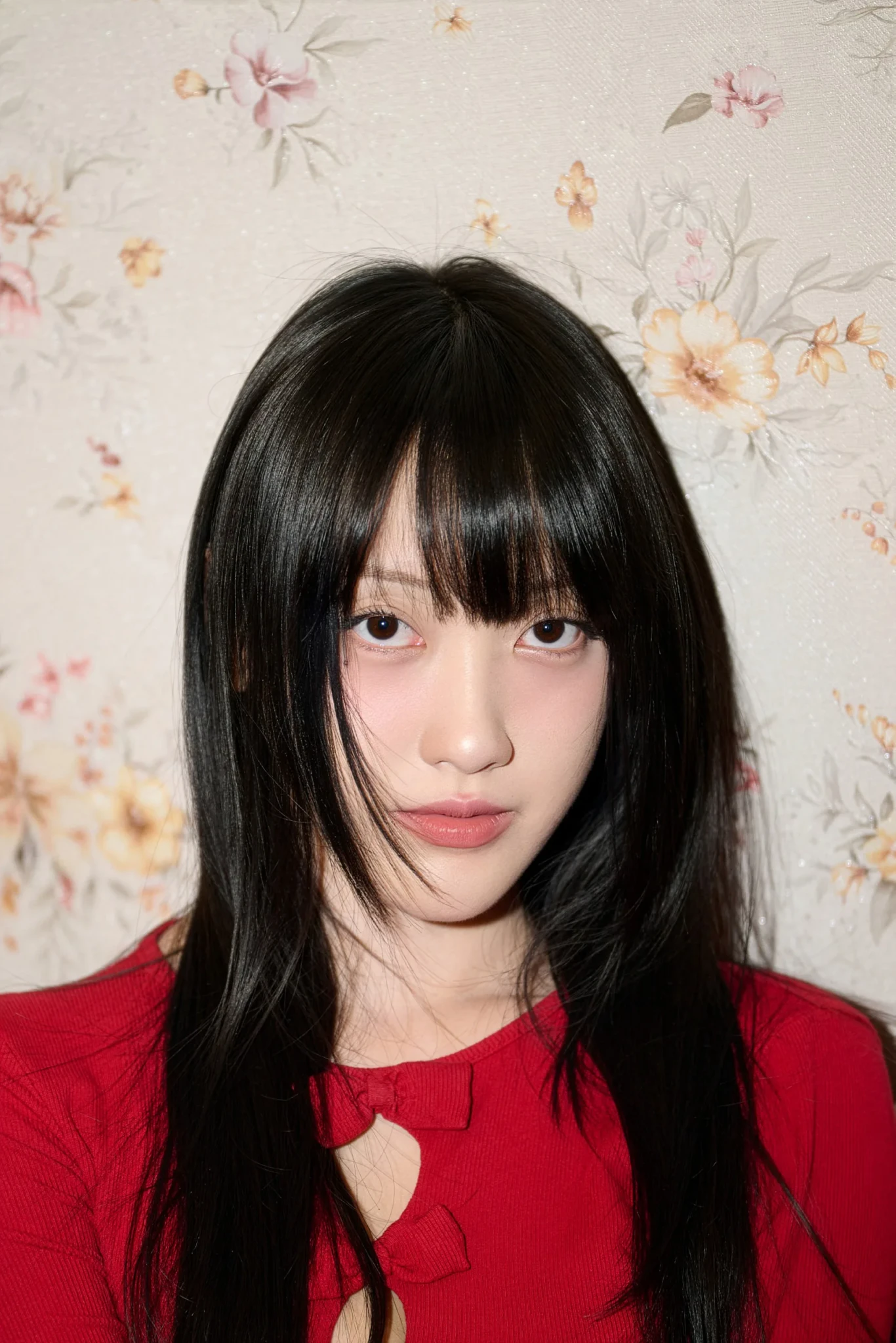 pami in a red ribbed top with bow details against floral wallpaper