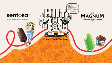 Illustrated key art for HIIT THE BEACH showing a character training with Magnum, Ben & Jerry's, Wall's, Cornetto and Calippo ice creams