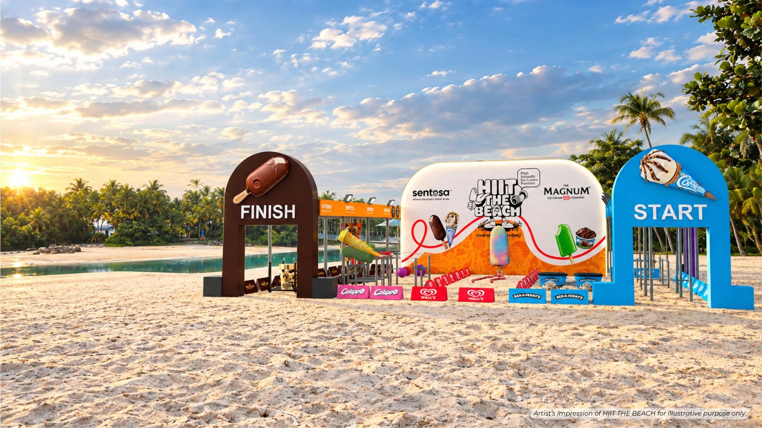 Artist's impression of the HIIT THE BEACH circuit on Palawan Beach, with START and FINISH gateways and branded ice cream installations