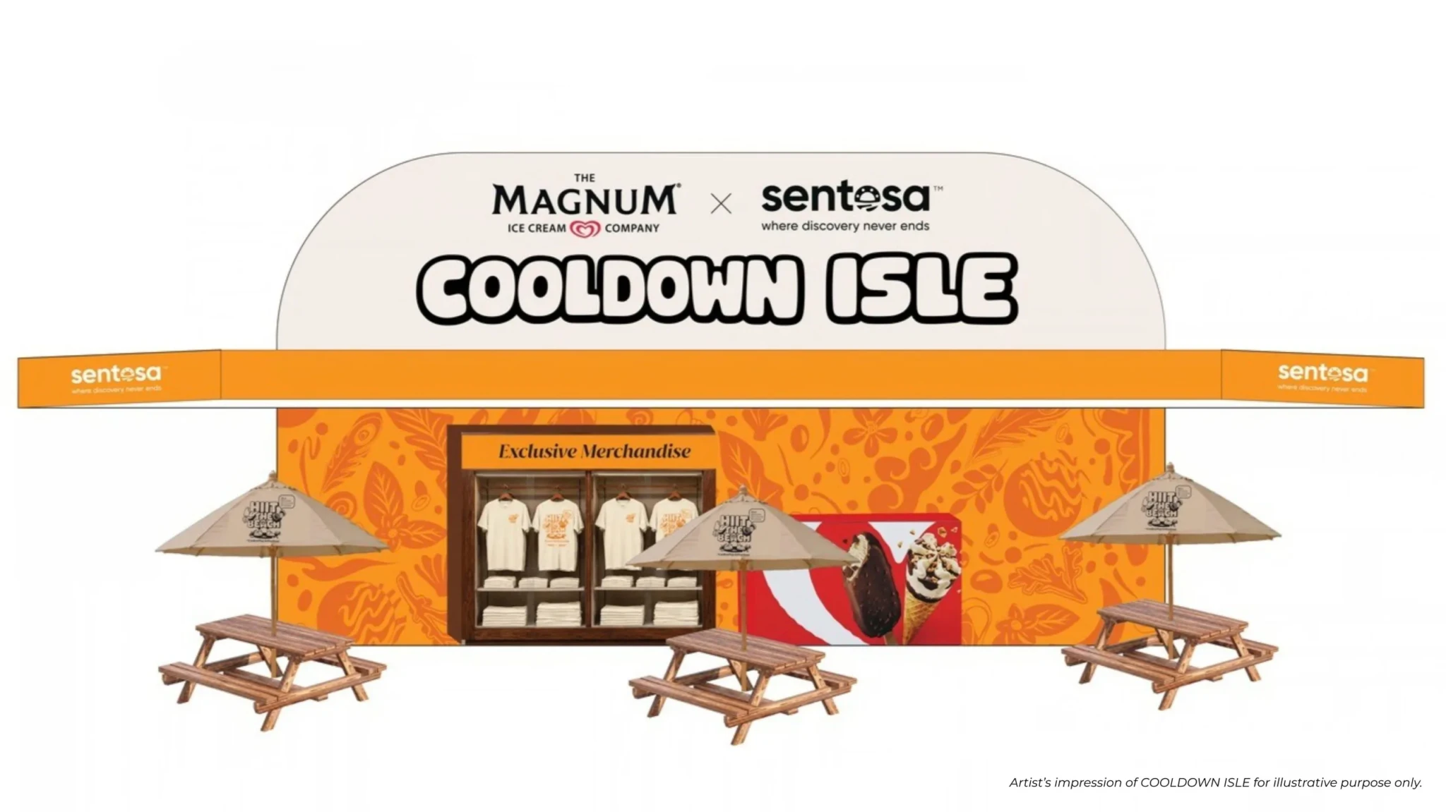 Artist's impression of the Cooldown Isle at HIIT THE BEACH, with a merchandise pop-up and photo installations