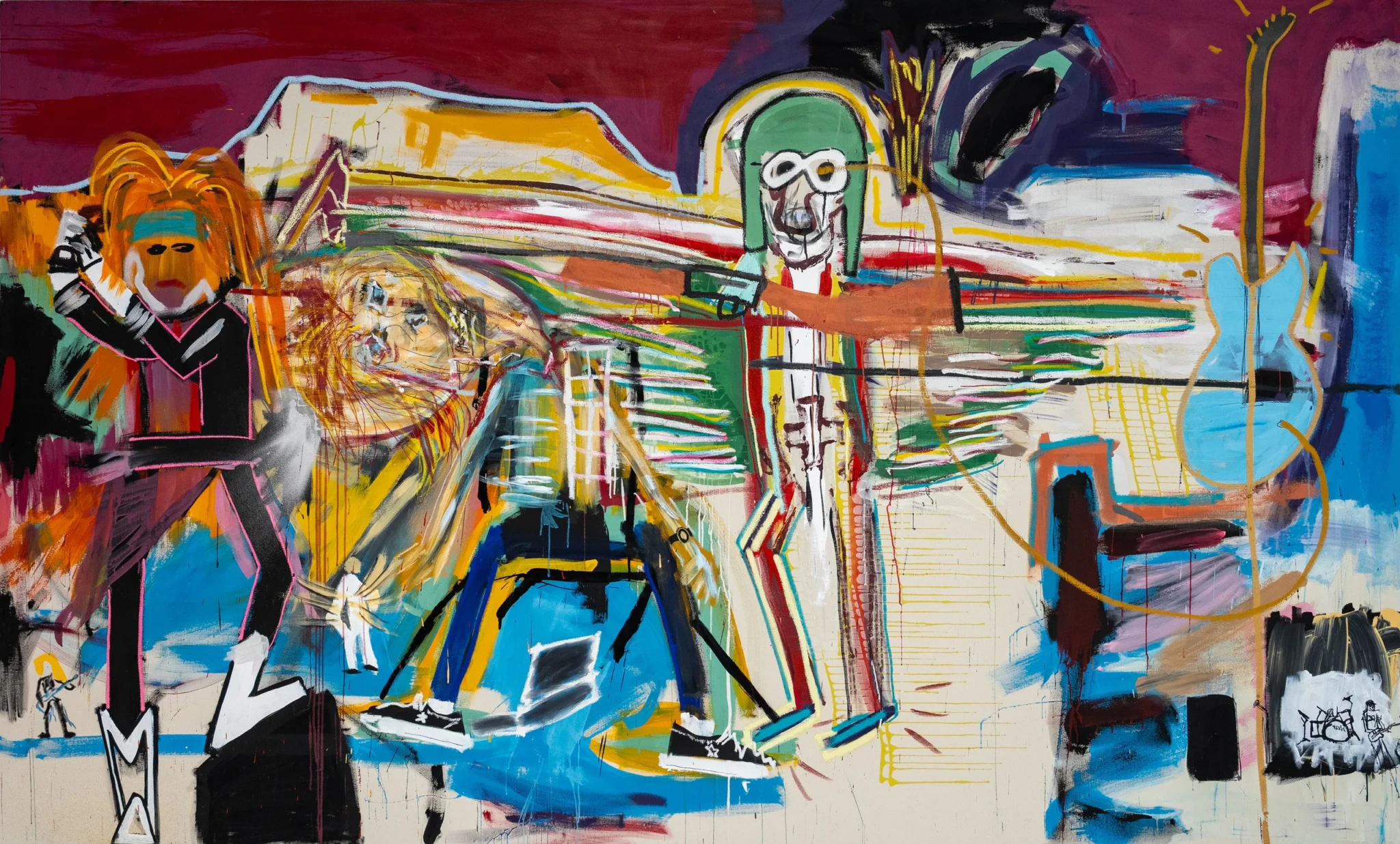 Danny Minnick's painting I Don't Have a Gun, a wide canvas of skeletal figures in bright colours