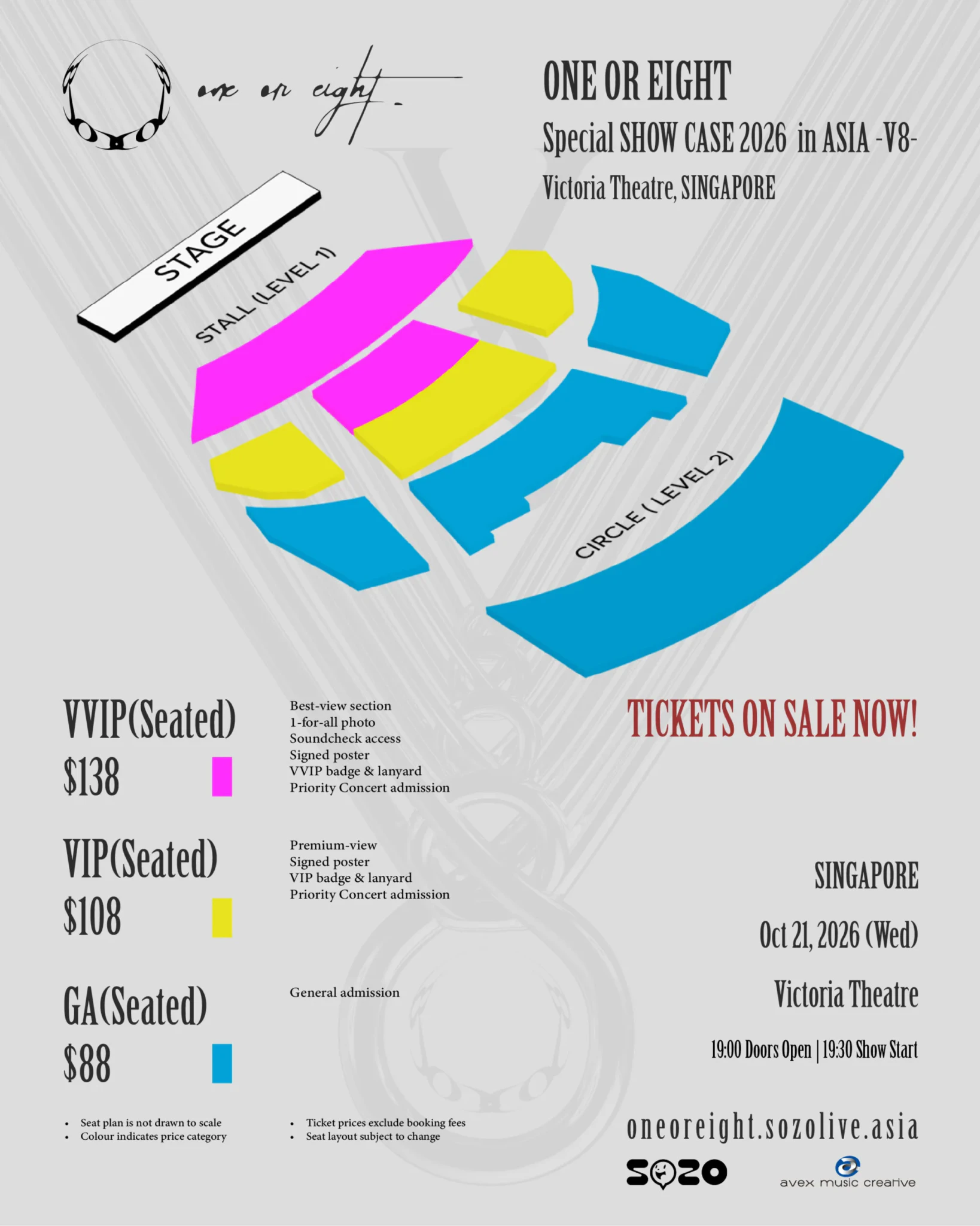 Seat map for ONE OR EIGHT at Victoria Theatre Singapore showing VVIP, VIP and GA sections