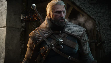 Geralt of Rivia in witcher armour with his sword, standing inside a stone fortress