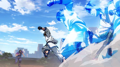 Kim Kaphwan performs a martial arts kick with blue energy effects in FATAL FURY: City of the Wolves Season 3.