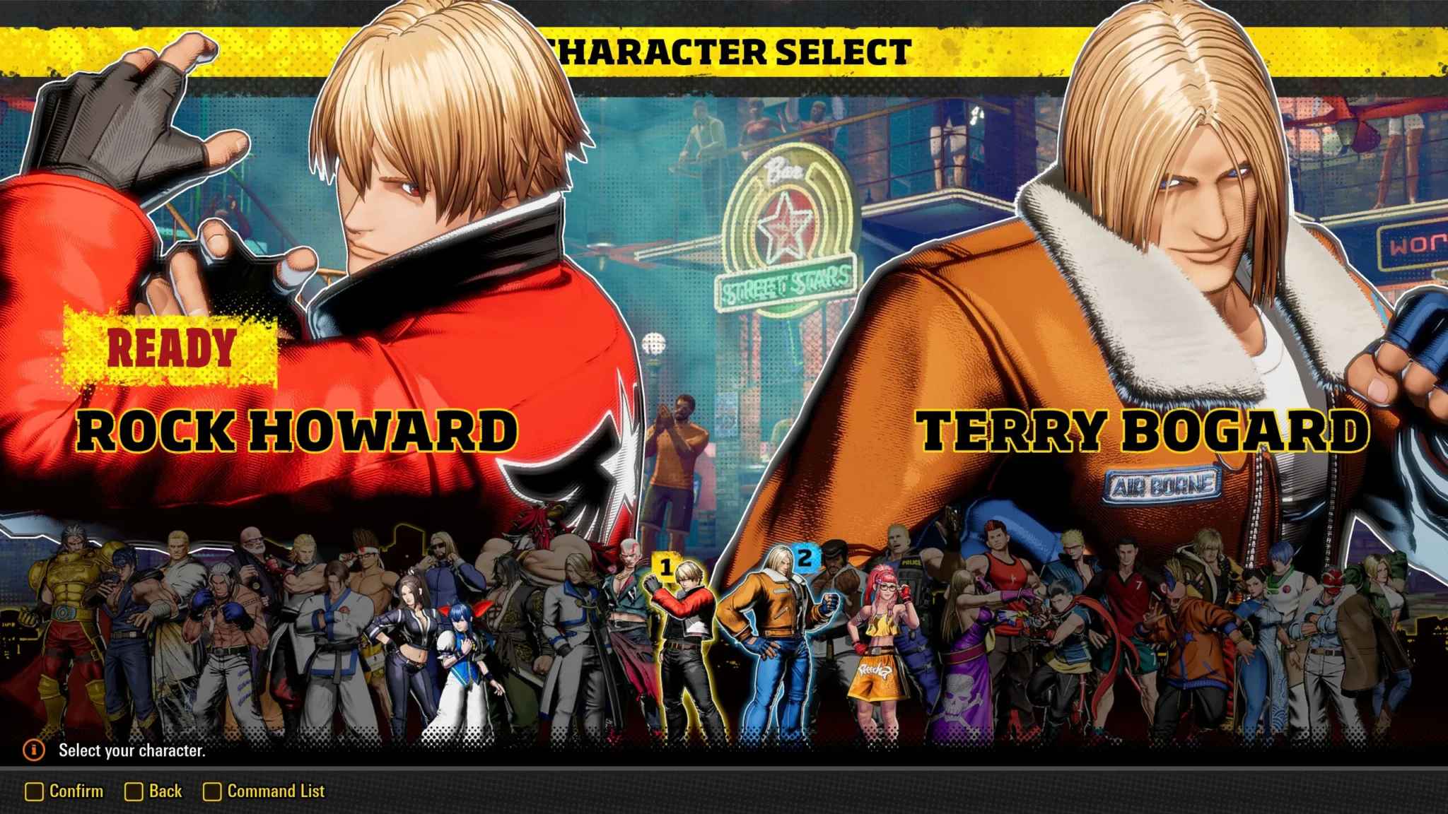 The character select screen in the FATAL FURY: City of the Wolves demo, with Rock Howard and Terry Bogard available to pick