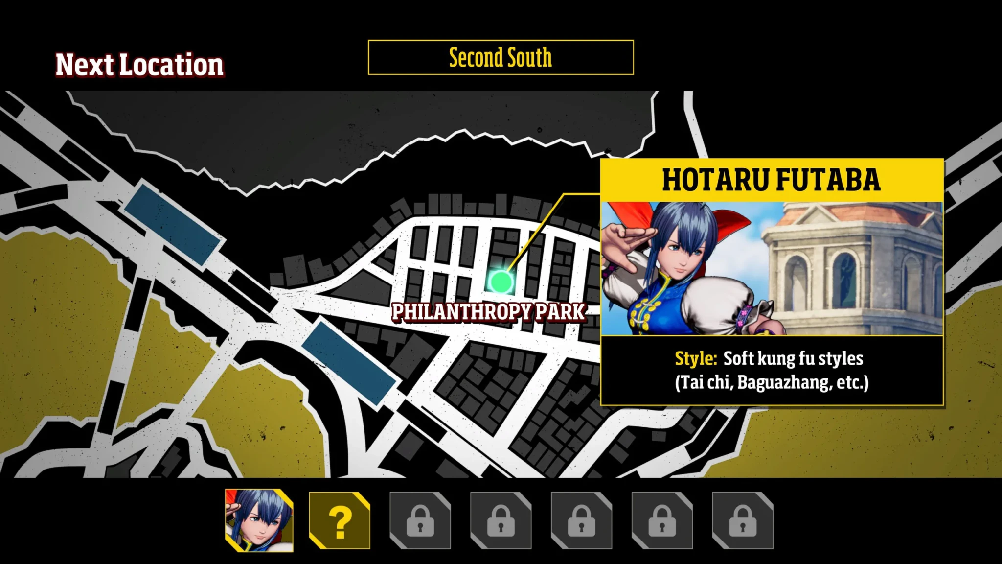 The arcade mode map in the FATAL FURY: City of the Wolves demo, showing Hotaru Futaba at Philanthropy Park