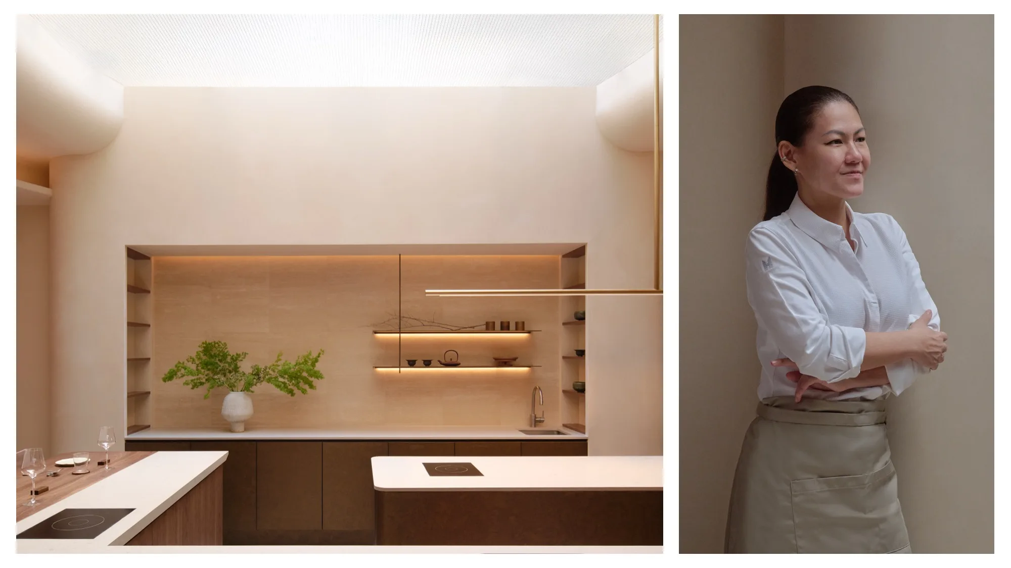 Chef Johanne Siy inside Árō with warm wood tones, open shelving and the open kitchen behind her