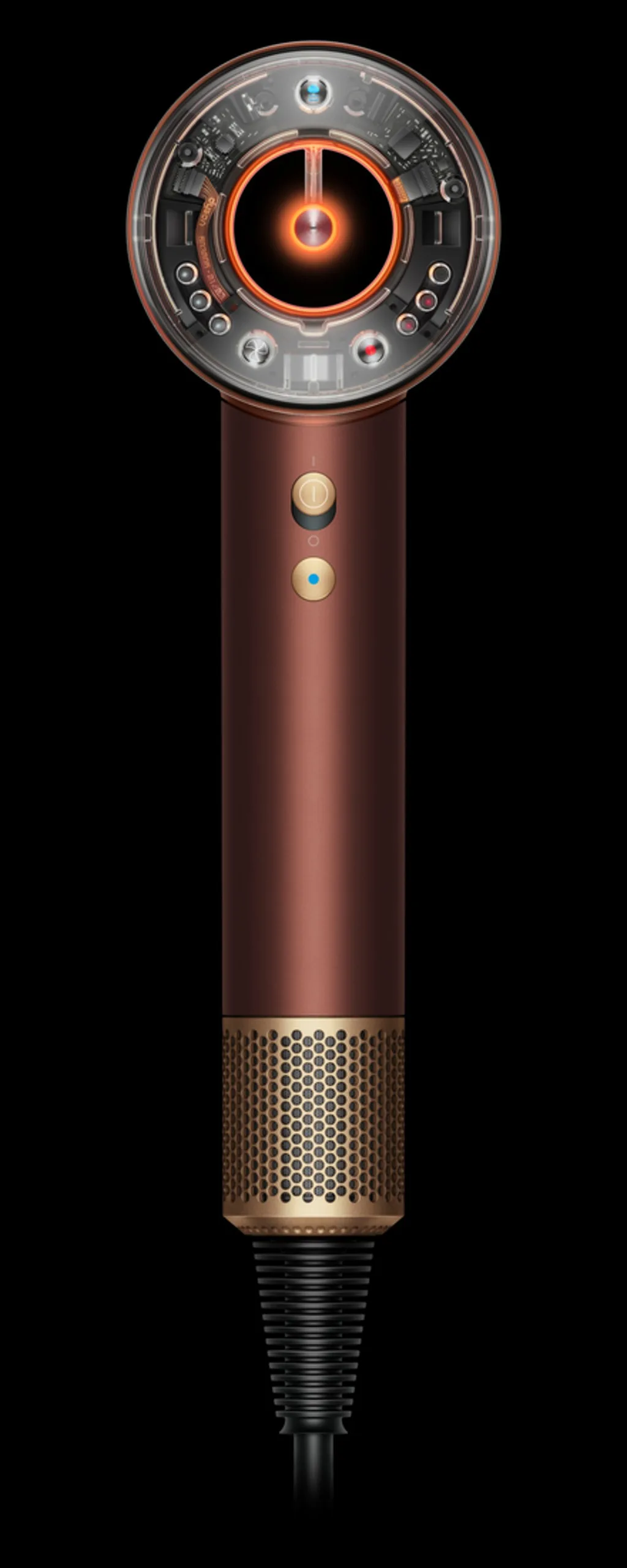 Dyson Supersonic Nural hair dryer in Plum and Copper special edition, with glowing orange centre and bronze metallic finish