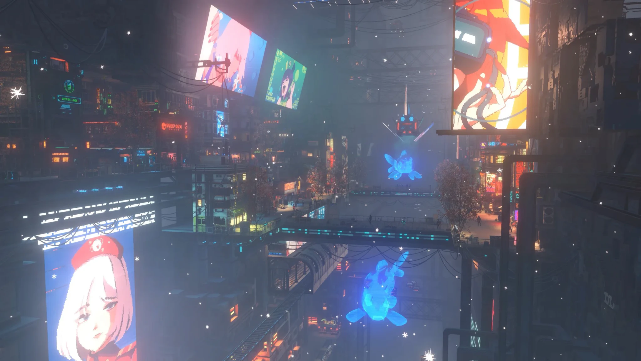 A neon-lit cyberpunk cityscape with glowing billboards and holographic displays at night