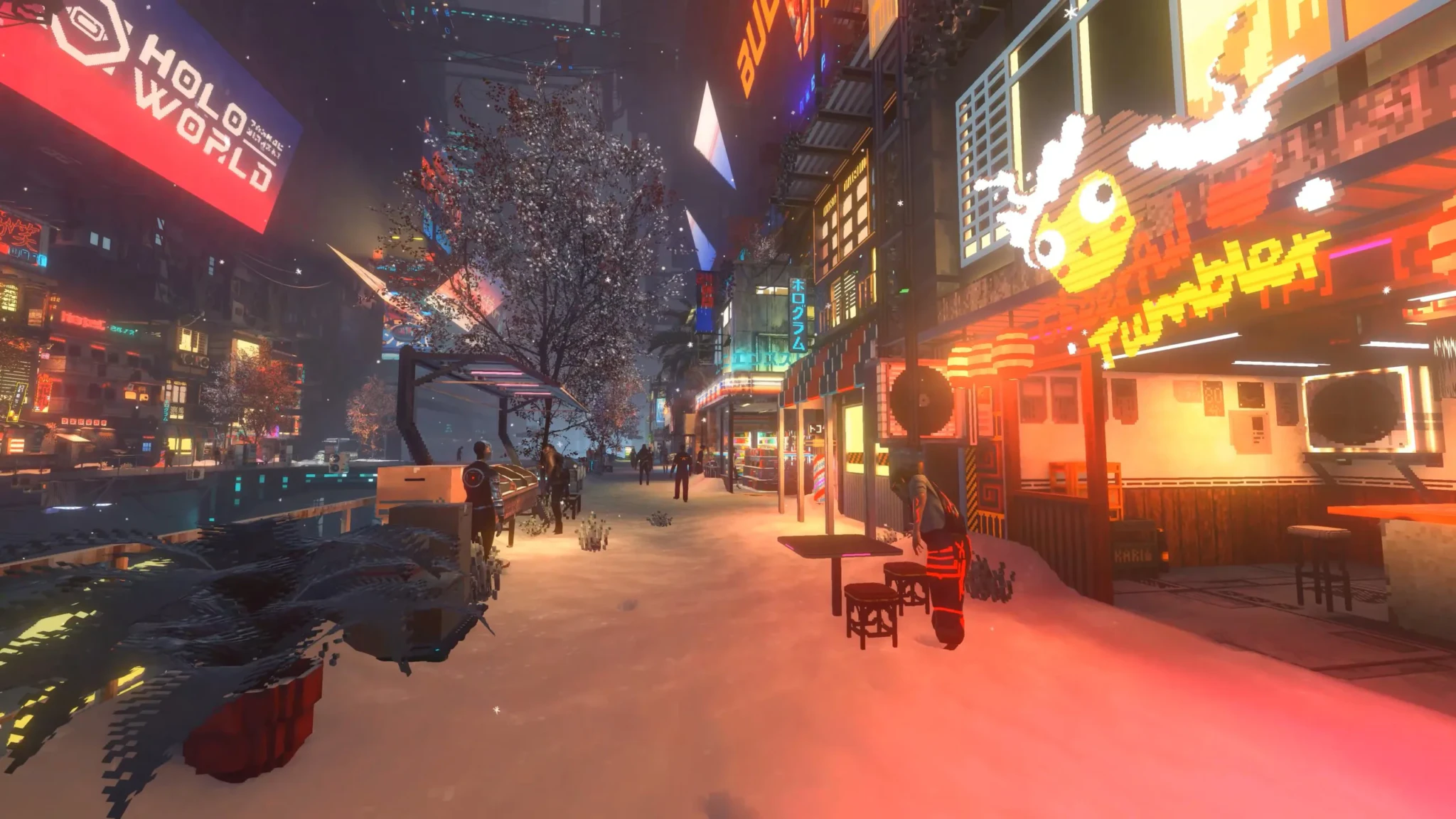 Night cityscape with neon signs, snow, and buildings in Nivalis Nights