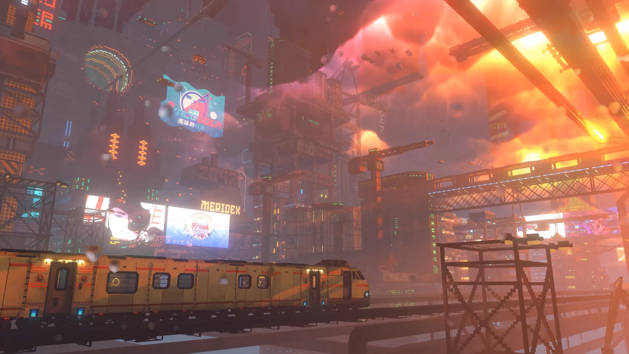 A yellow and orange passenger train runs beneath towering buildings and holographic signs under an orange sky in Nivalis Nights
