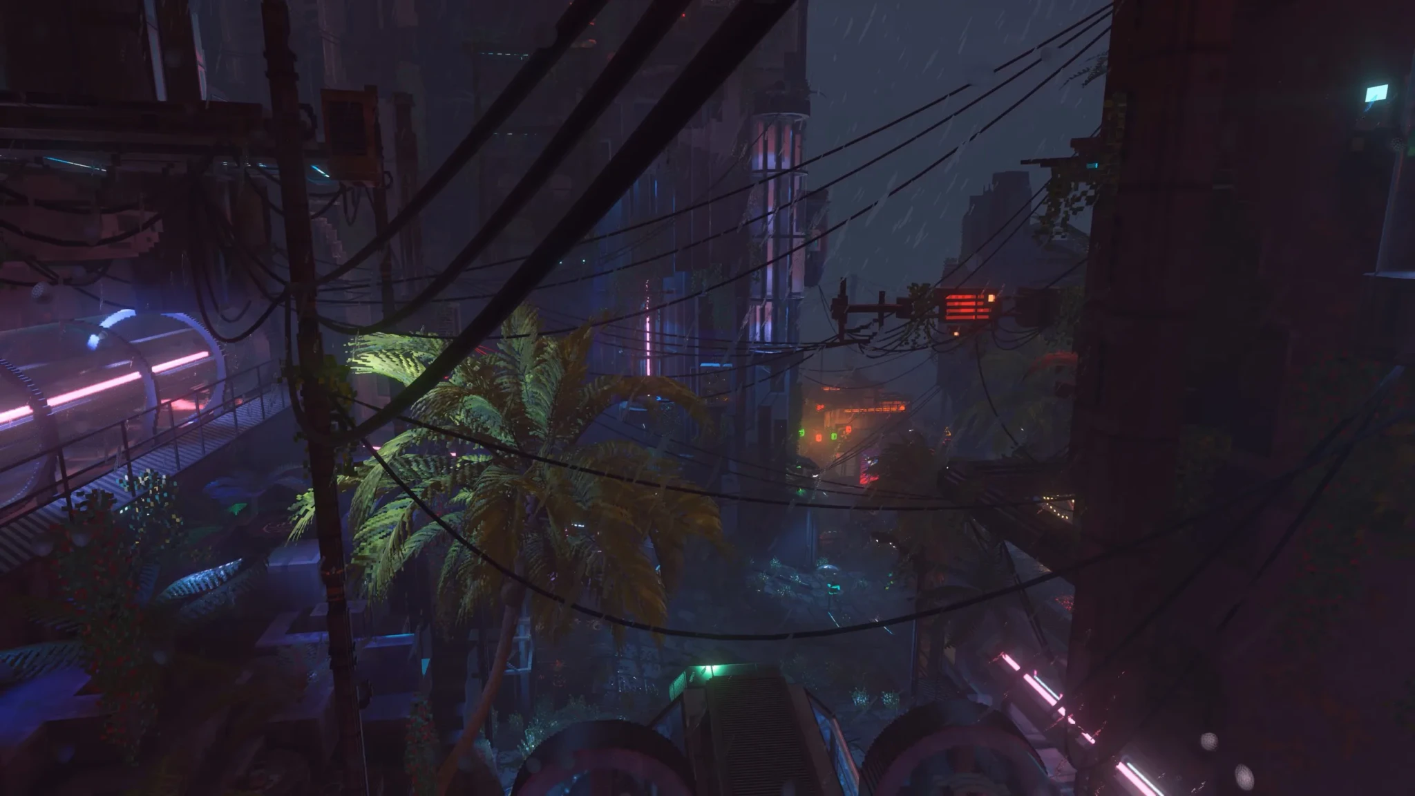 A rain-soaked street in Nivalis Nights lit by glowing signs, tangled power lines and bioluminescent plants