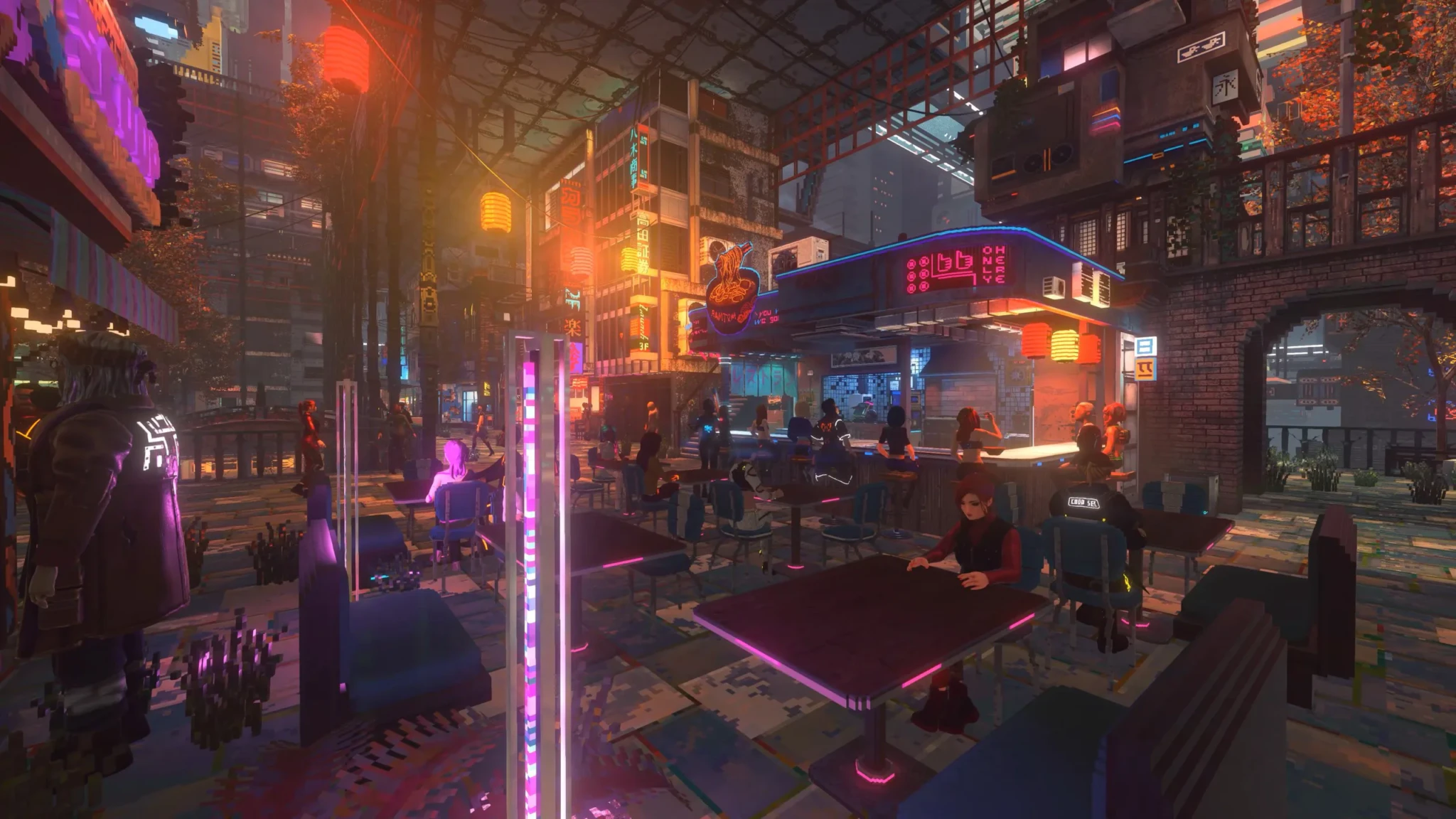 A busy plaza in Nivalis Nights glows purple and orange as figures move past lit storefronts