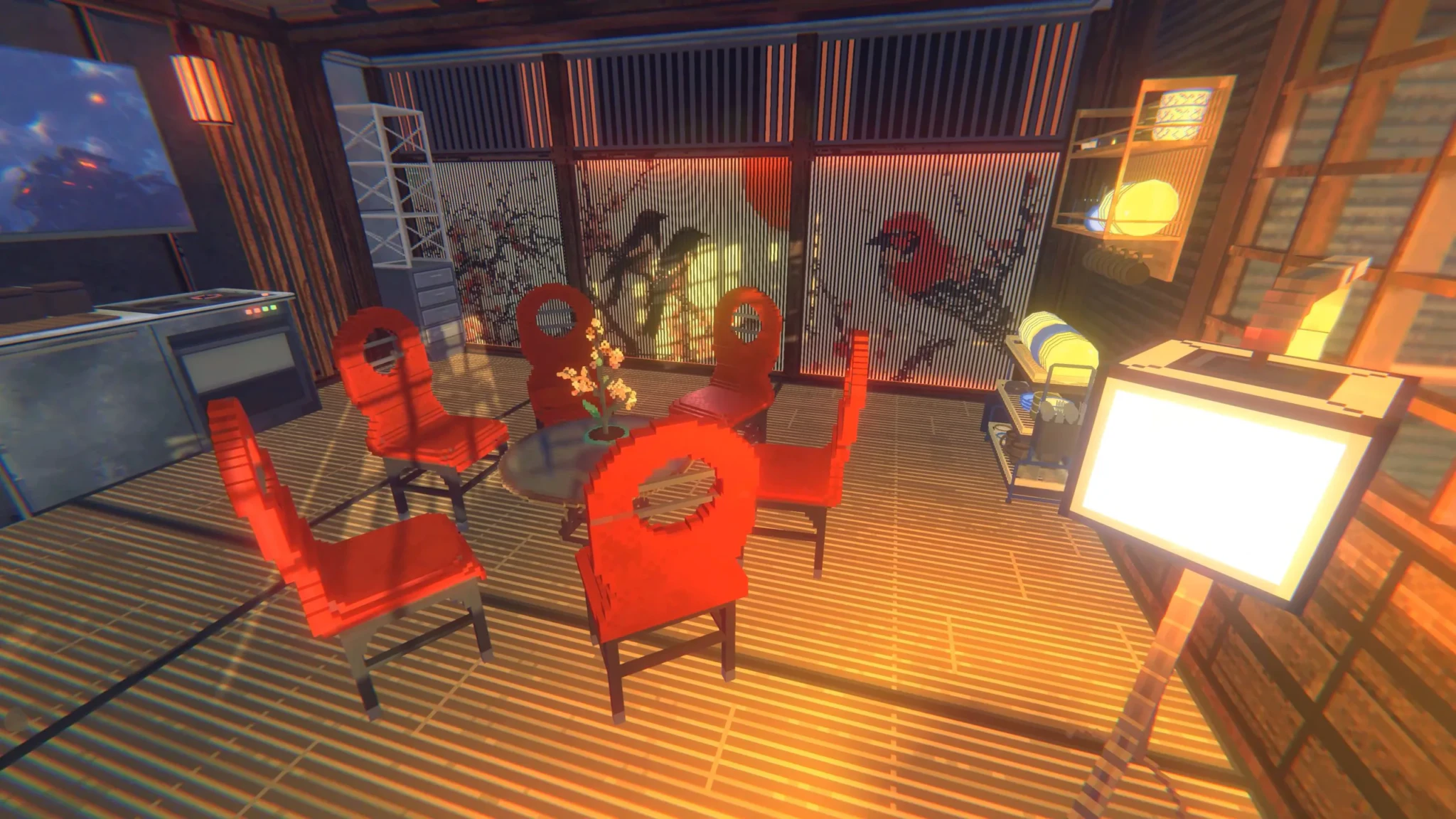 A cosy apartment in Nivalis Nights with red chairs, a small plant and warm lighting beside floor-to-ceiling windows overlooking snow