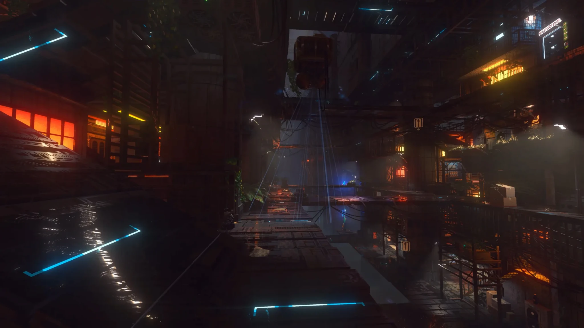 A neon-lit alleyway in Nivalis Nights with cyan and orange light reflecting on wet pavement