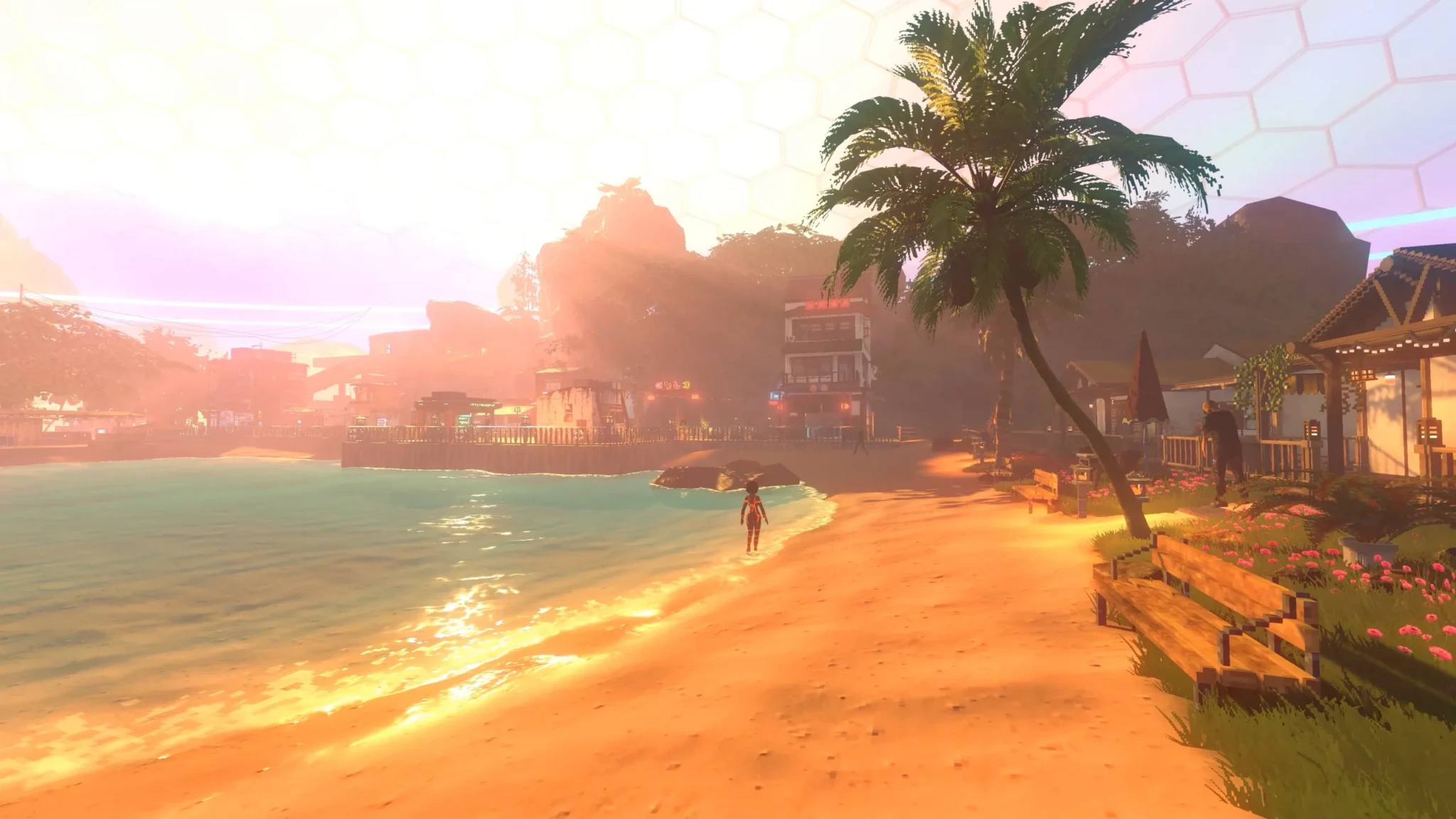 A player character wades in turquoise shallows at sunset beside palm trees and wooden buildings in Nivalis Nights