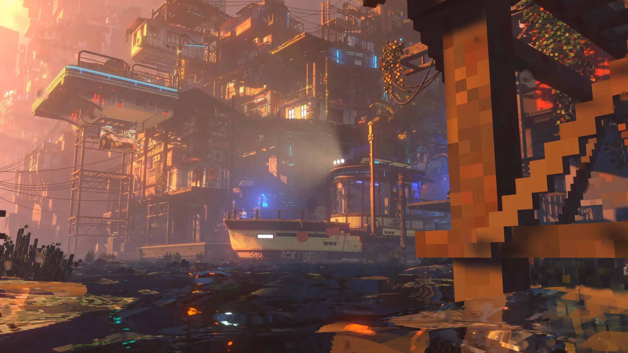 A neon-lit cyberpunk cityscape in Nivalis Nights with towering orange and black structures and glowing signs in the haze