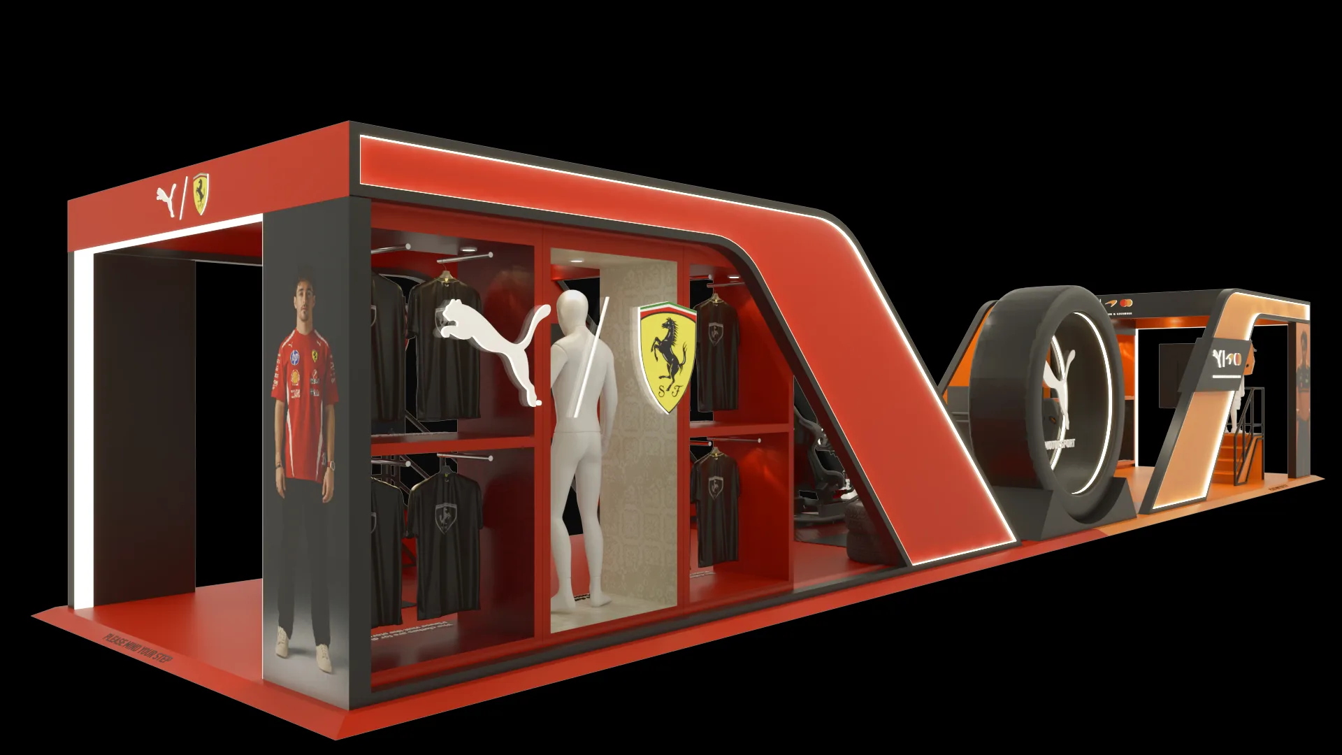 Racing simulator, merchandise display and helmet photo area inside PUMA's Speed Station