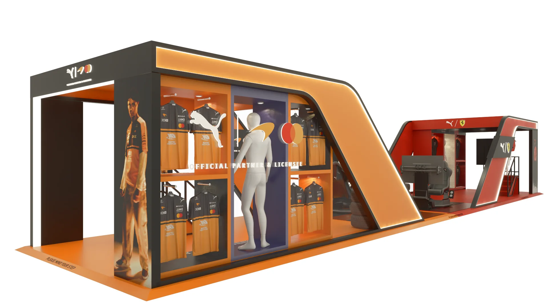 The Speed Station pop-up by PUMA with a racing simulator, helmet photo area and motorsport merchandise