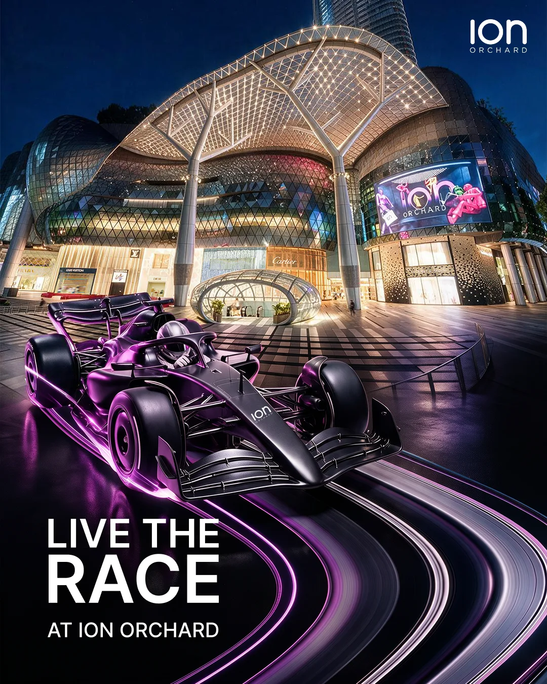 A Visa Cash App Racing Bulls Formula 1 show car lit in purple neon outside ION Orchard's latticed atrium
