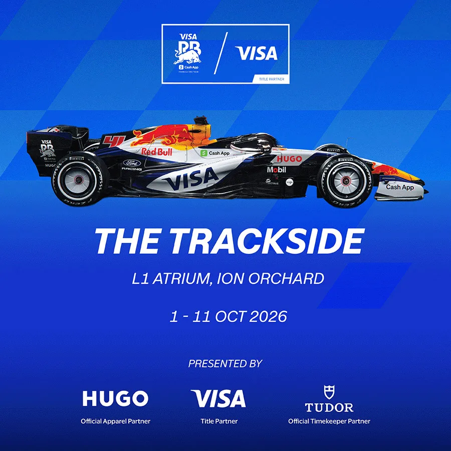 Poster for The Trackside by Visa x TUDOR x HUGO with the Visa Cash App Racing Bulls F1 car and its 1 to 11 October 2026 dates