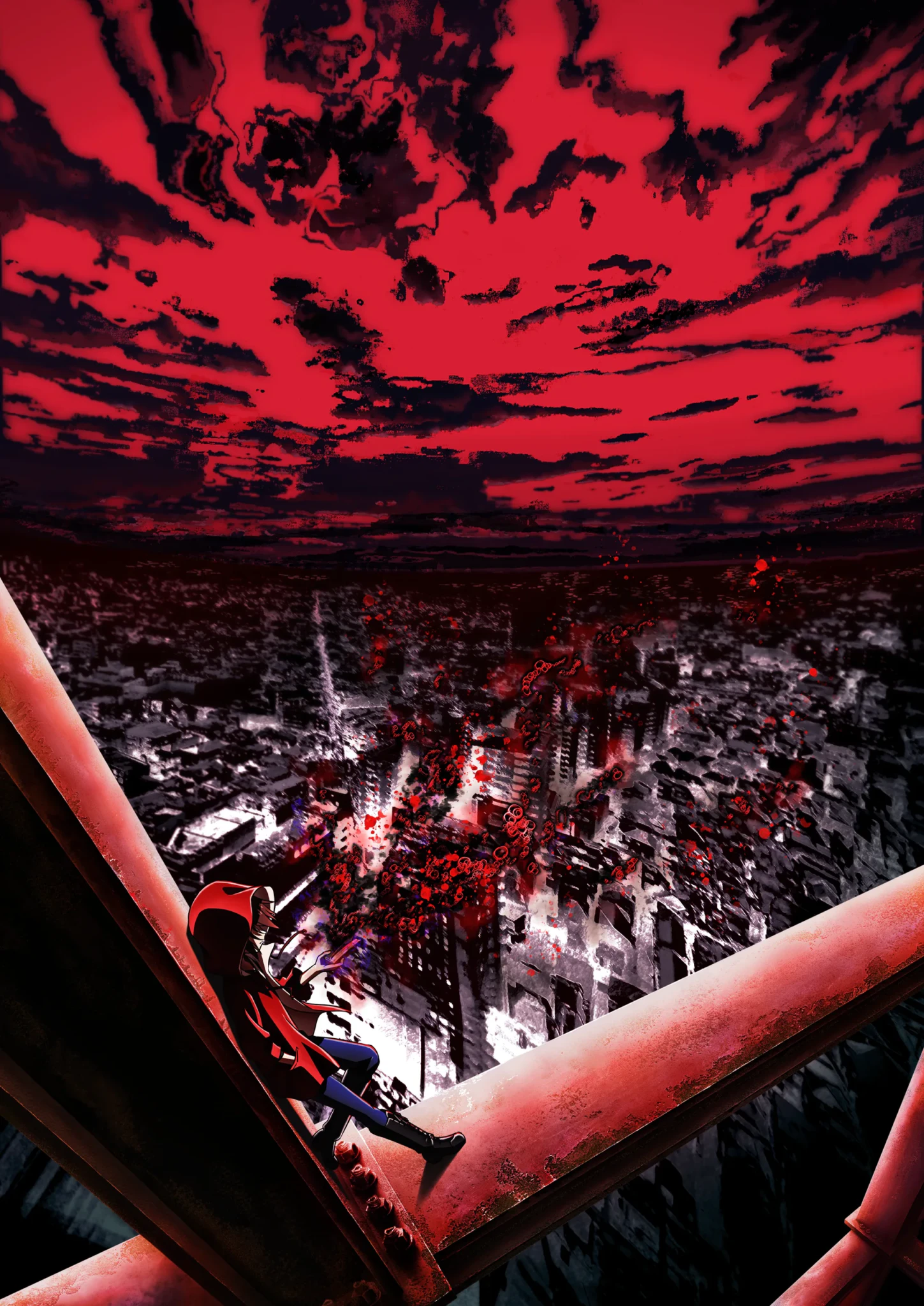 HORROR COLLECTOR key art showing a figure perched on red industrial pipes above a sprawling city under a crimson sky