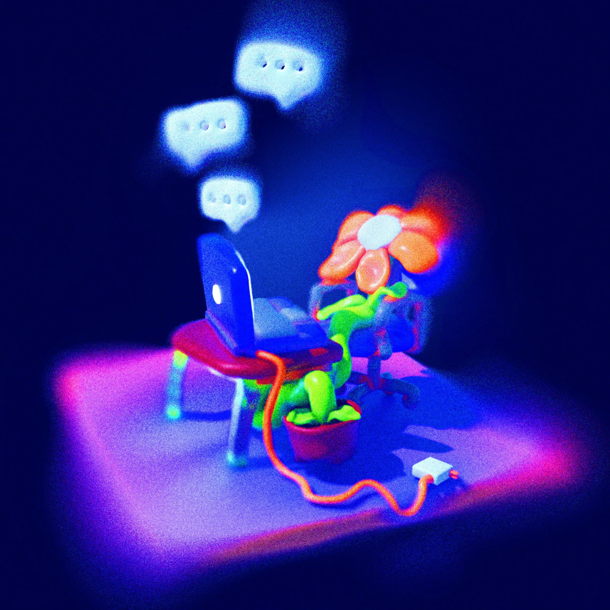 Neon-lit Achi Kochi artwork showing a glowing figure at a computer with three chat bubbles and a potted flower on a dark blue background