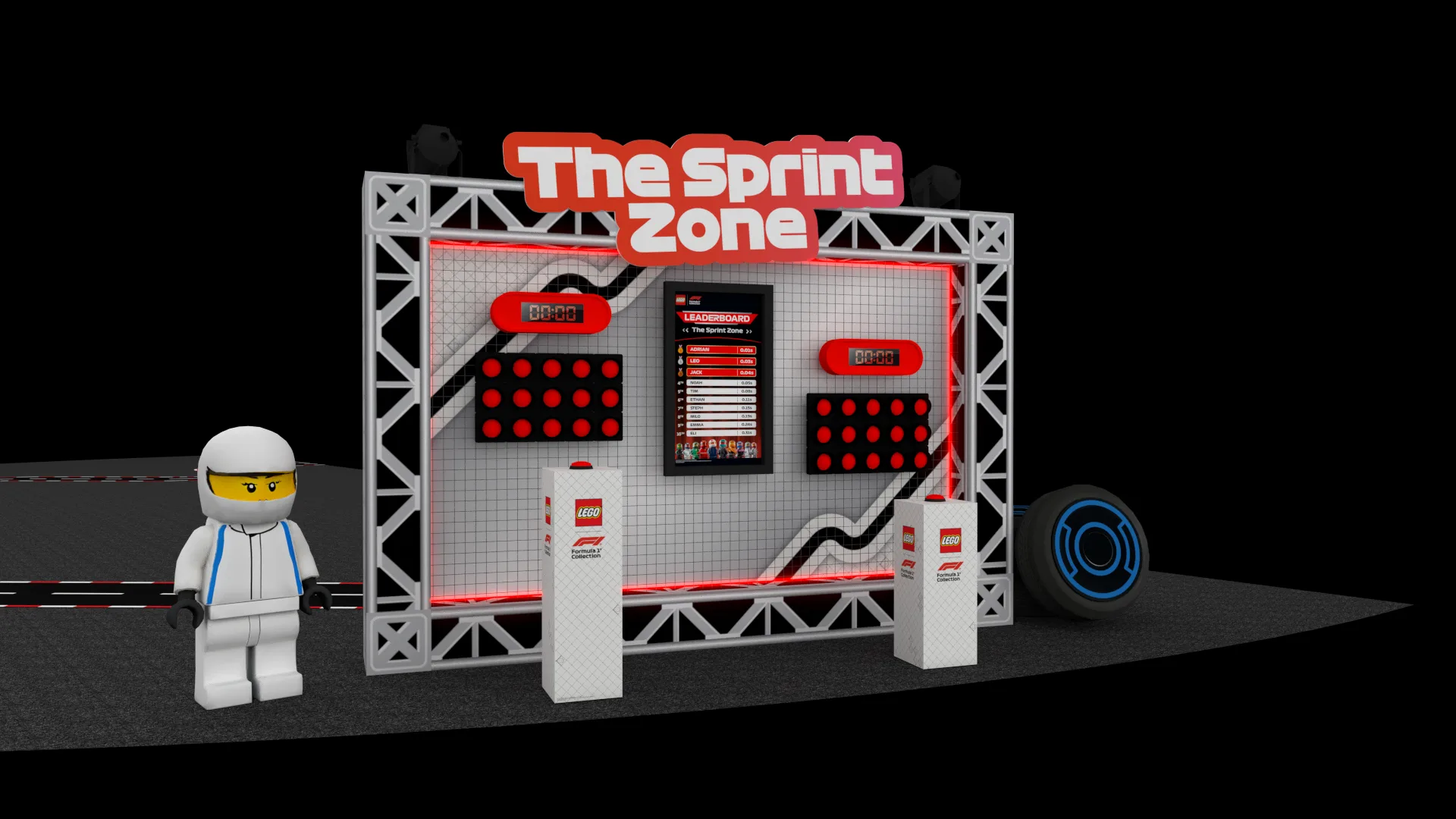 The Sprint Zone reaction challenge area with red LED displays and a leaderboard