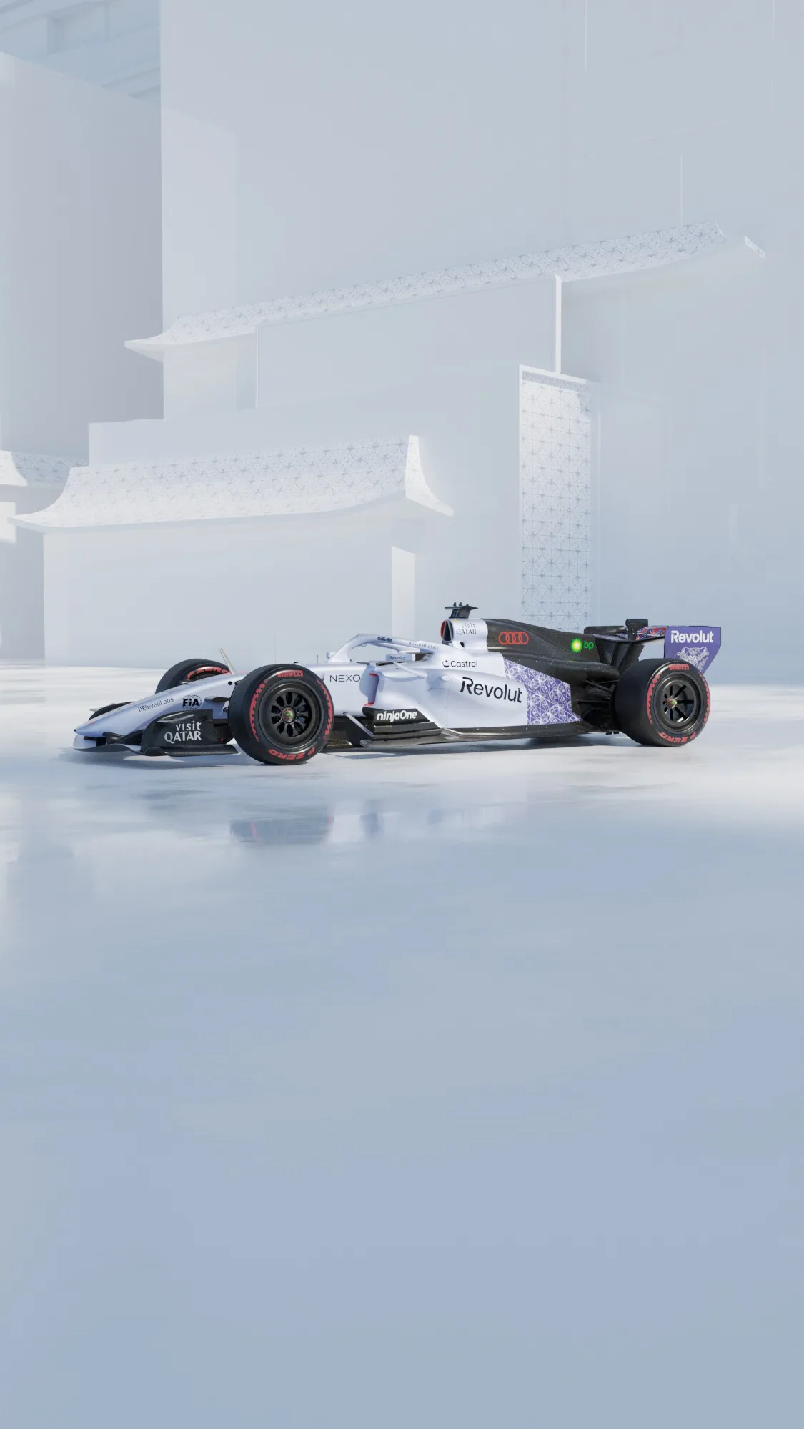 Audi Revolut F1 Team race car with Singapore-inspired livery in white and purple