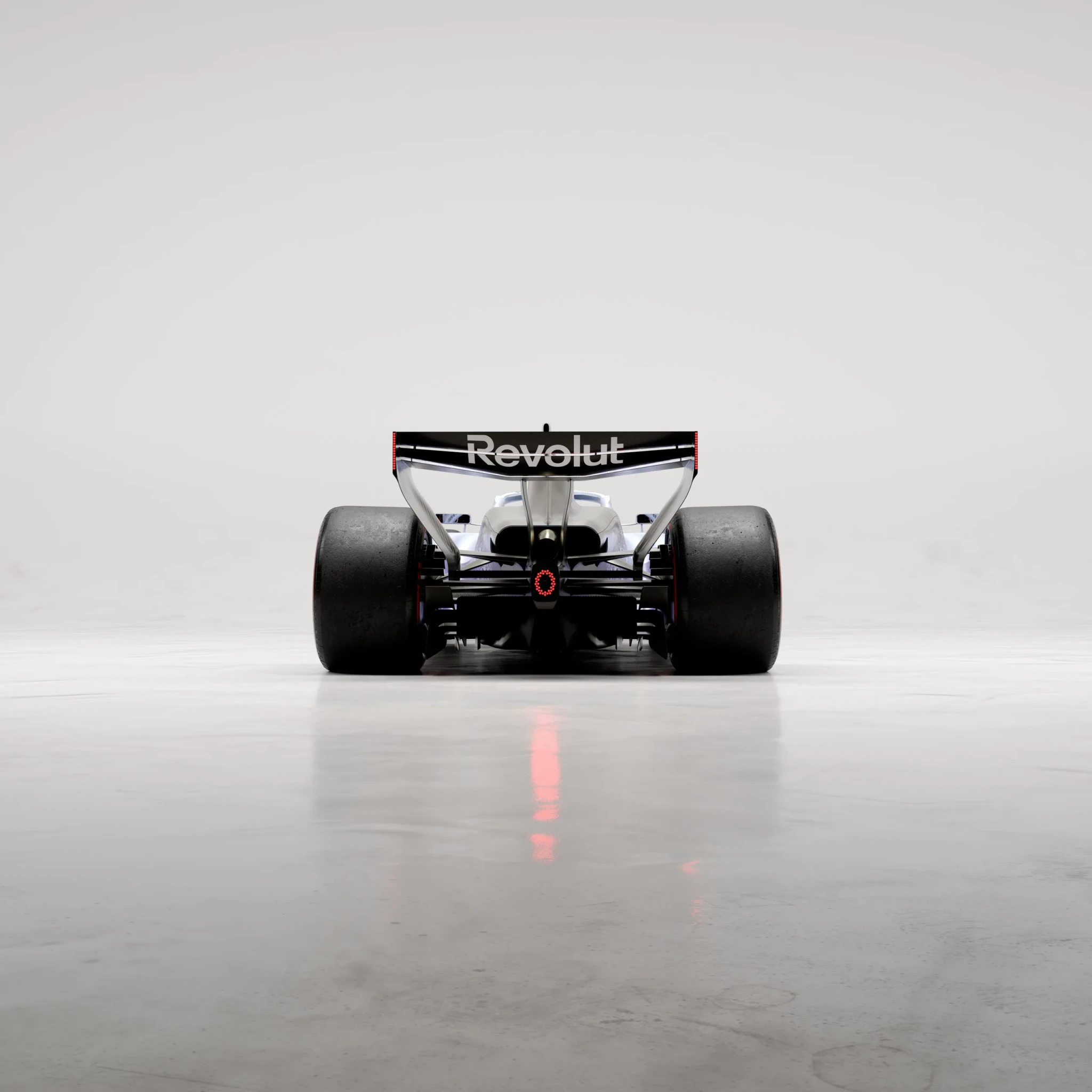 The Audi R26 Singapore livery seen from the rear, in Titanium Silver Grey with the Traditional Peranakan Pattern