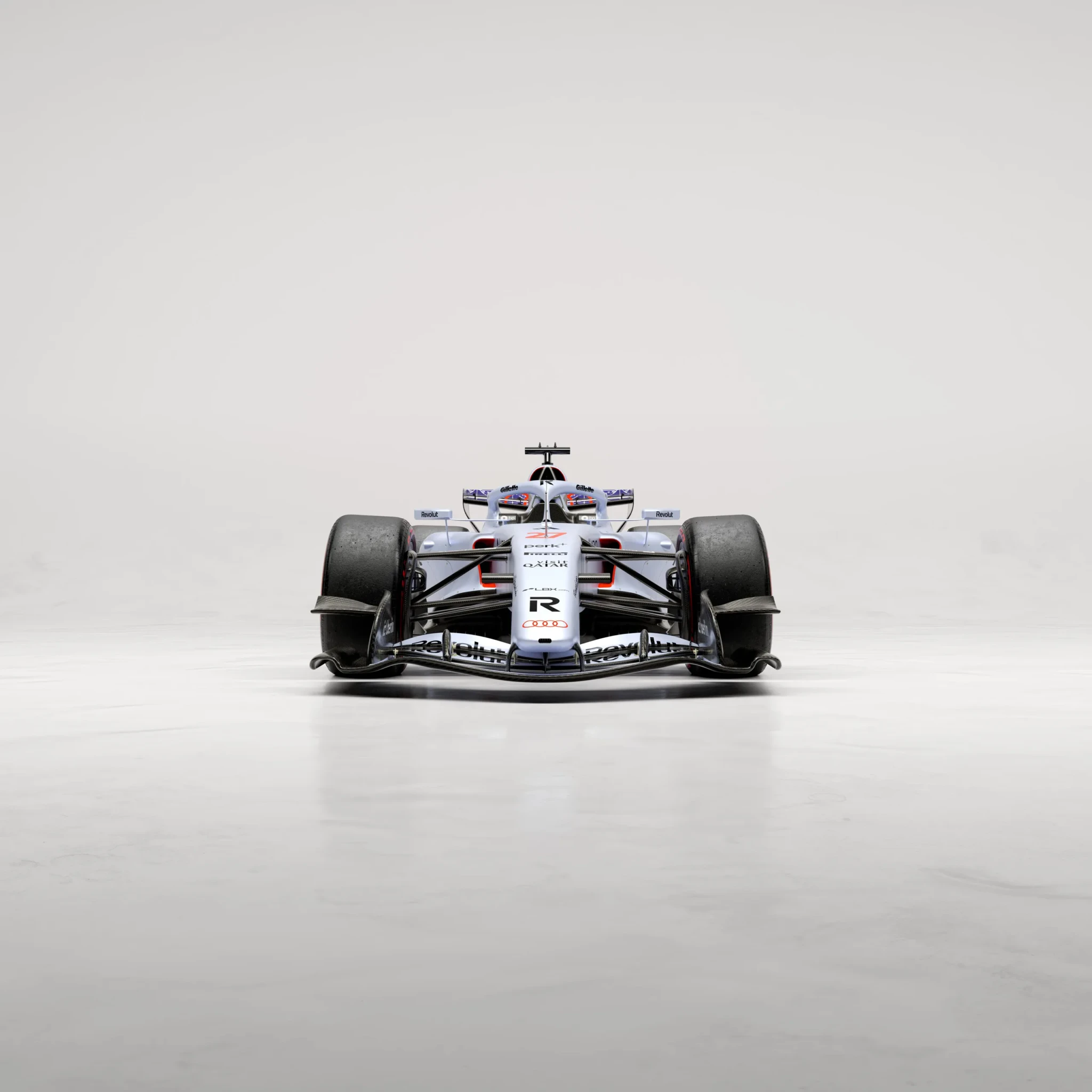 The Audi R26 in its Singapore livery, photographed front-on against a neutral background