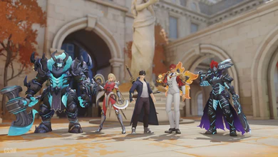 The Overwatch x Shadow Monarch collab hero skins shown together in a grand architectural setting