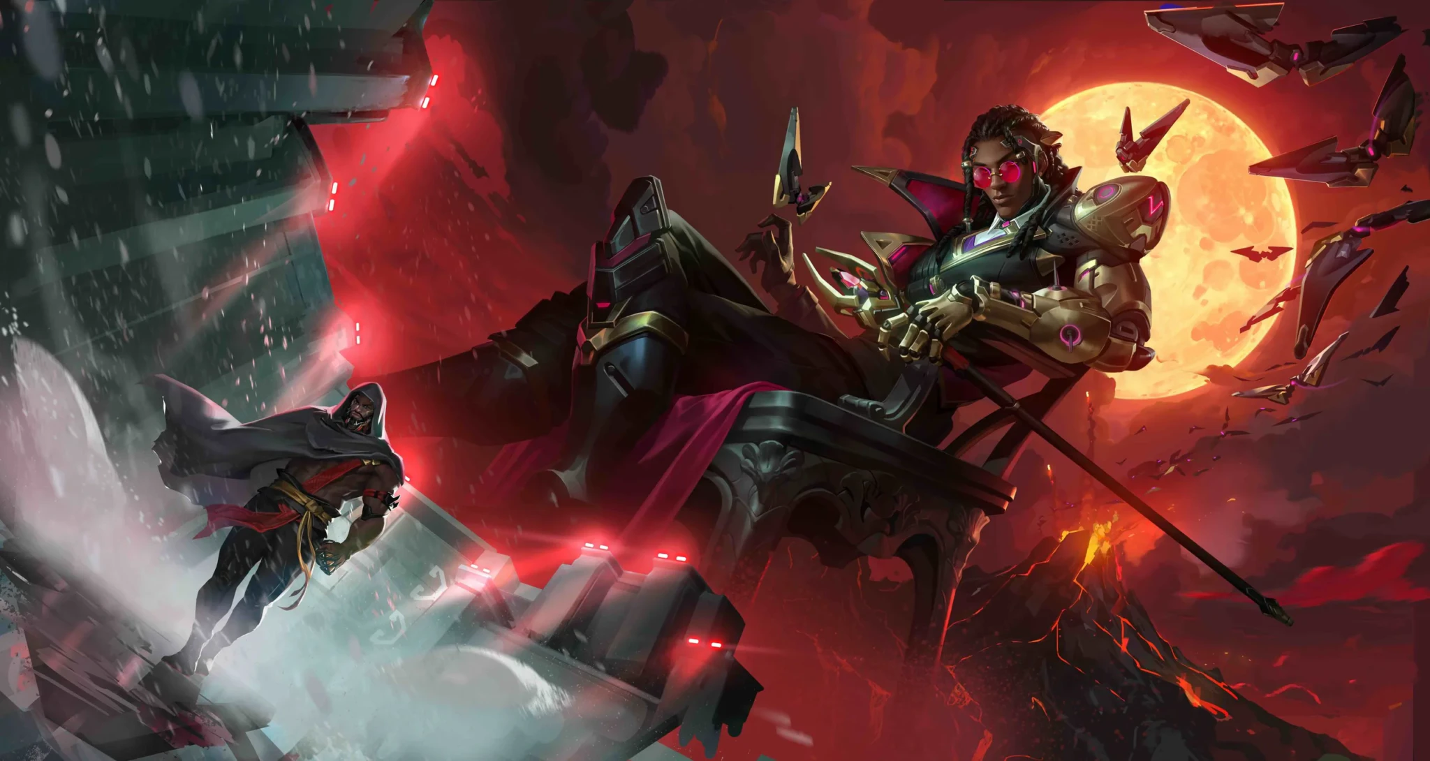 Overwatch Season 5 key art with new Support Hero Doctrine alongside Doomfist in a dramatic red and gold atmospheric scene