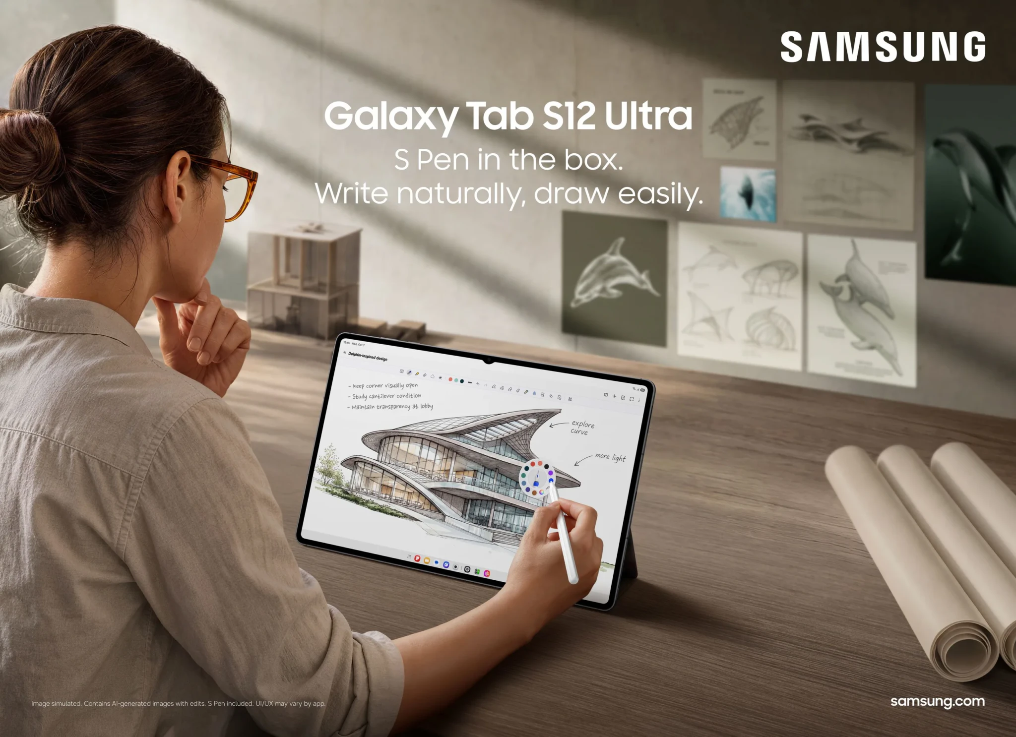 Person drawing architectural designs on Galaxy Tab S12 Ultra with S Pen stylus
