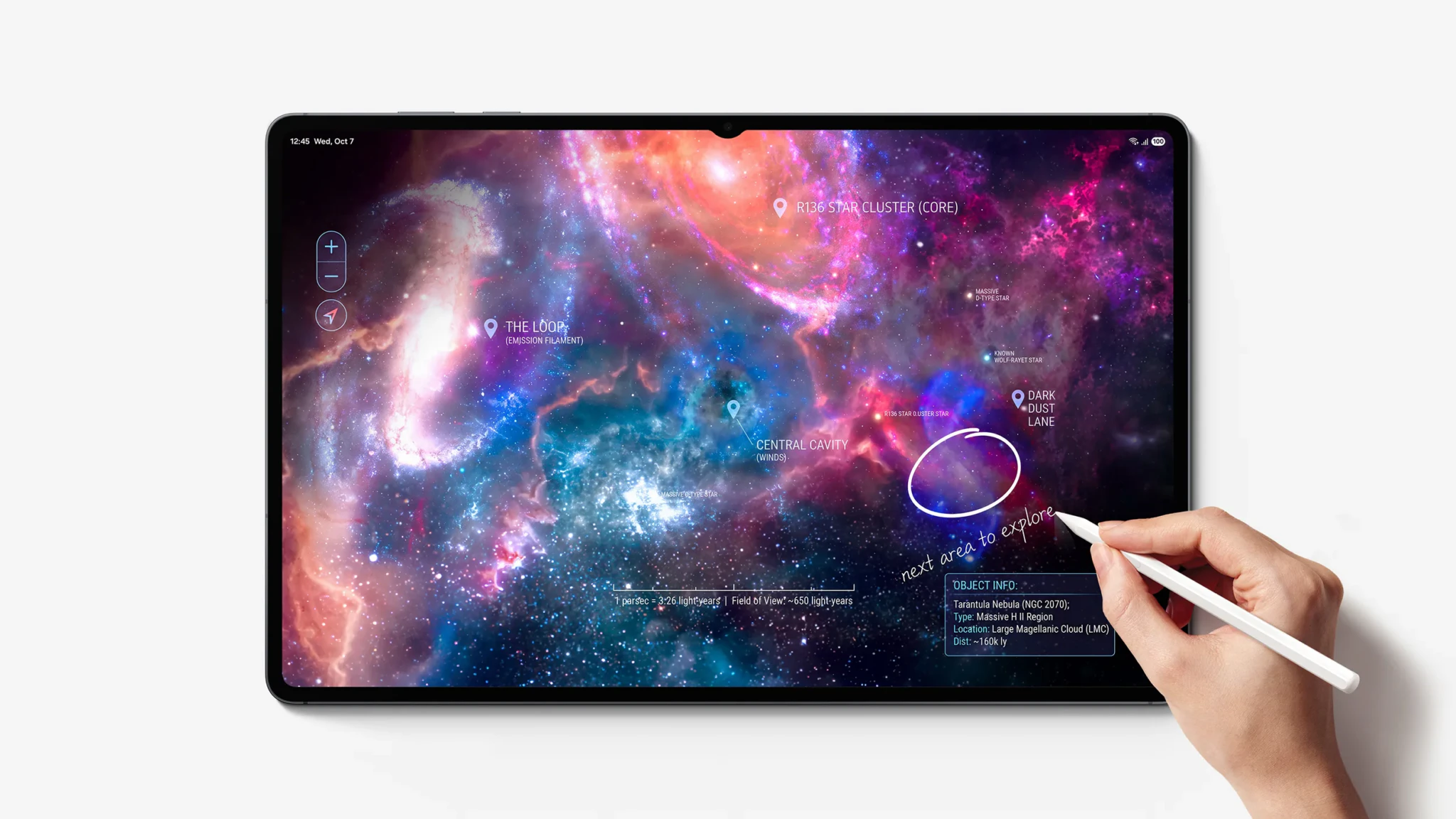 The Galaxy Tab S12 Ultra screen showing a labelled space image with a stylus pointing at it