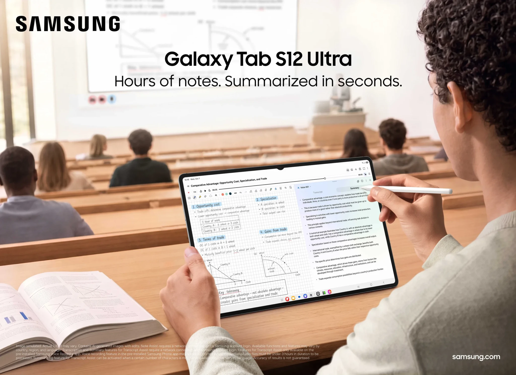 A student in a lecture hall writing notes on the Galaxy Tab S12 Ultra with an S Pen
