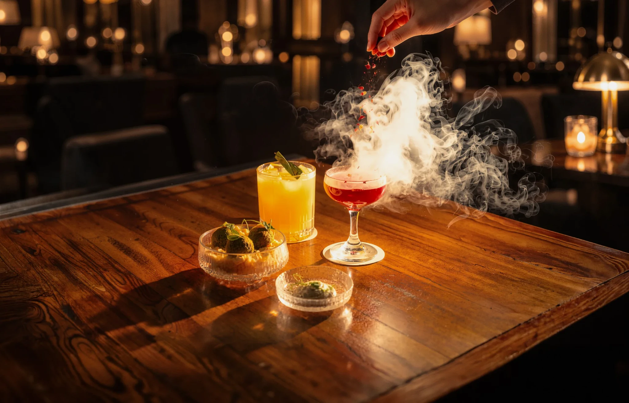 Two race week cocktails with dry ice effects and garnishes on a wooden bar counter overlooking the city