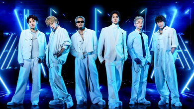 GENERATIONS pose in coordinated white suits against a neon blue geometric background in the key art for their single VIBE