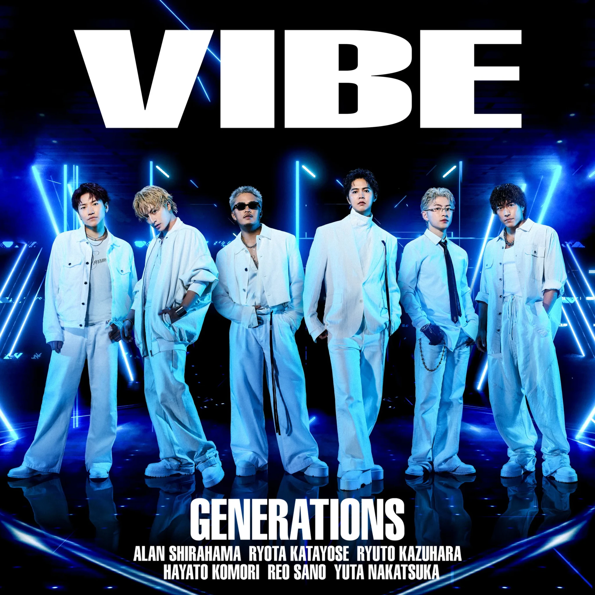 GENERATIONS pose in coordinated white suits against a neon-lit backdrop on the cover art for their single VIBE